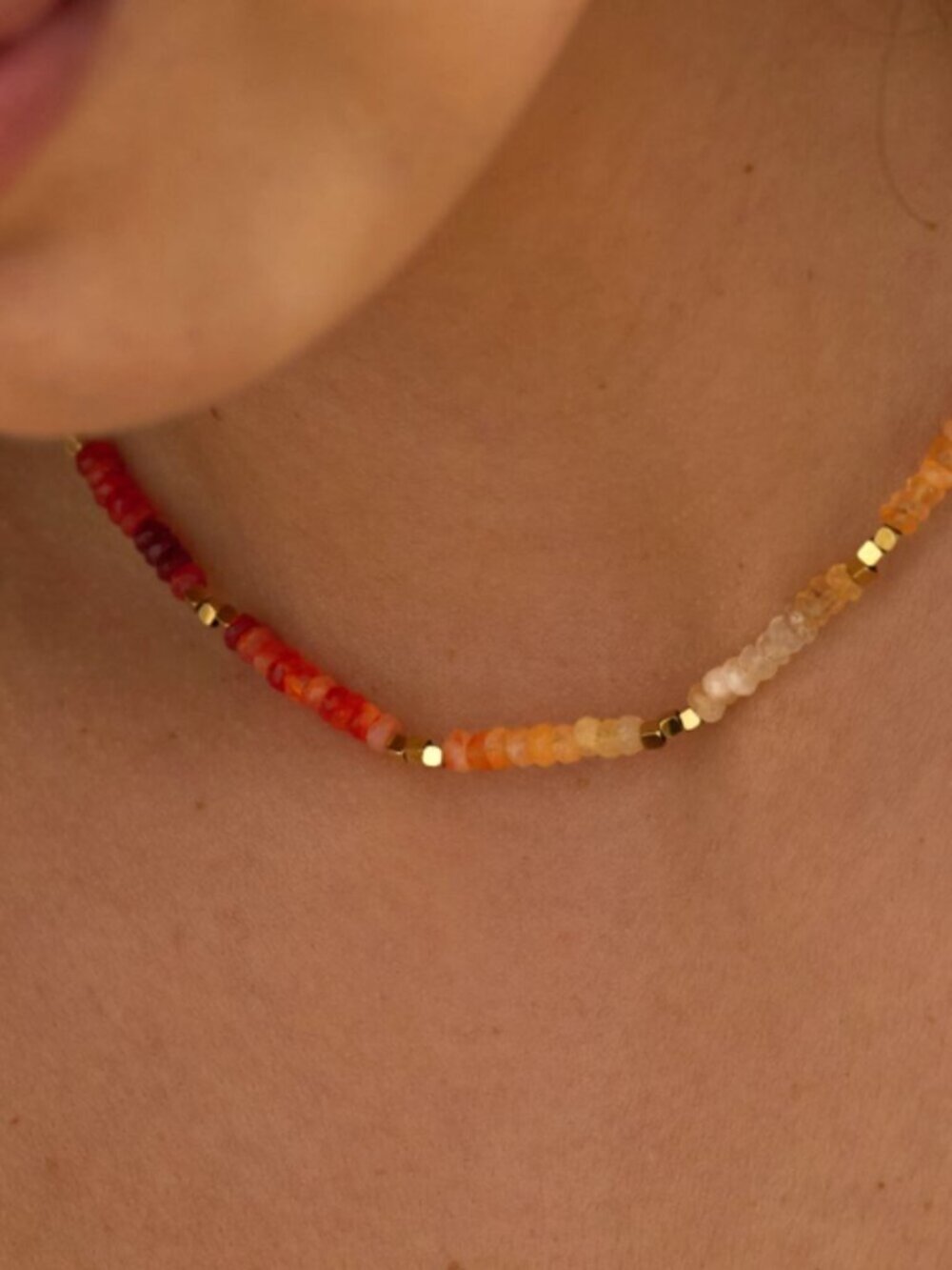 Opal Necklace Gold Beaded Waterproof Mexican Fire Opal Jewelry October Birthday - Picture 11 of 13